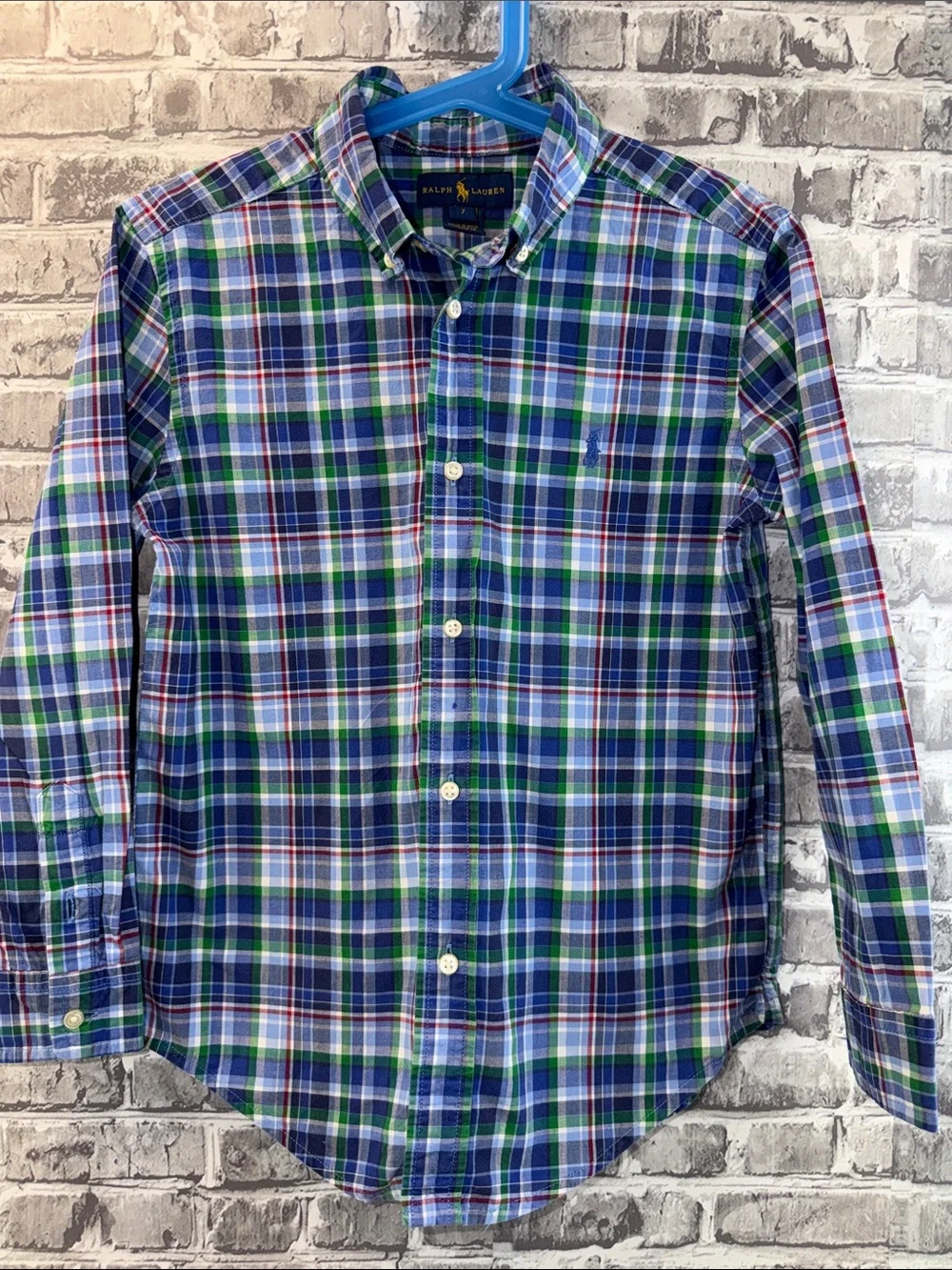 Ralph Lauren Green, Blue & White Plaid Button-Down Shirt